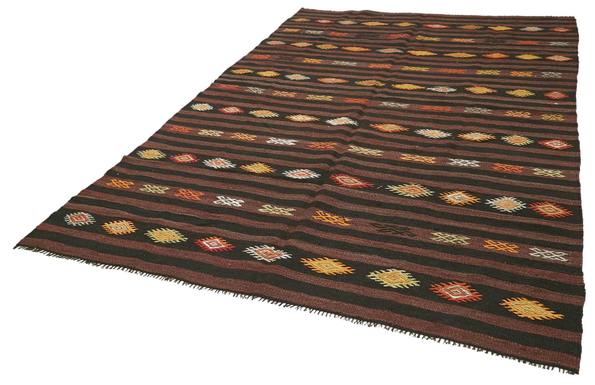 Handmade Striped Kilim Rug - Brown Goat Hair 6x10 Feet Woven Area Carpet
