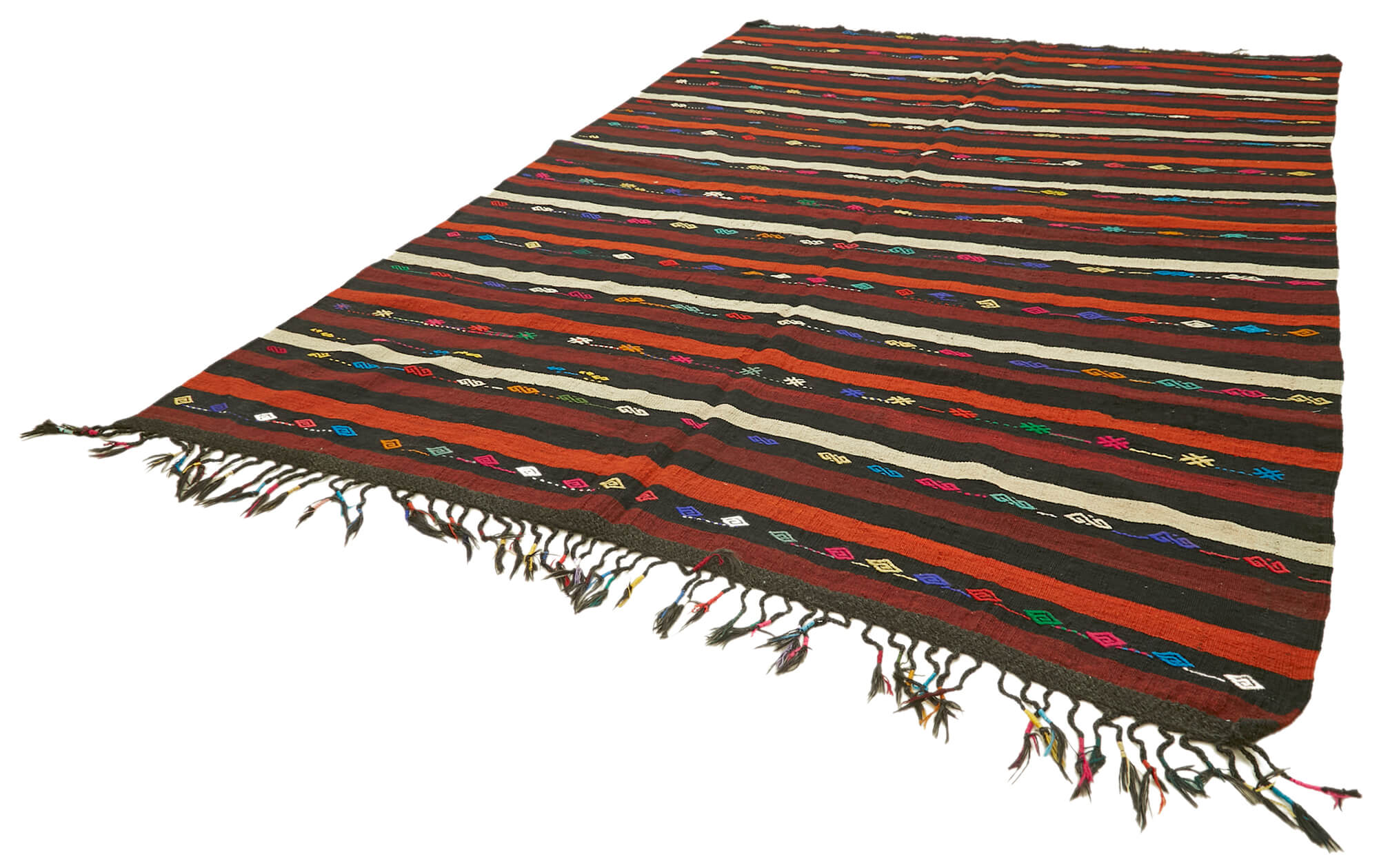 Handmade Striped Kilim Rug - Brown Striped Pattern, Goat Hair Wool Blend 7'11''x11'5''