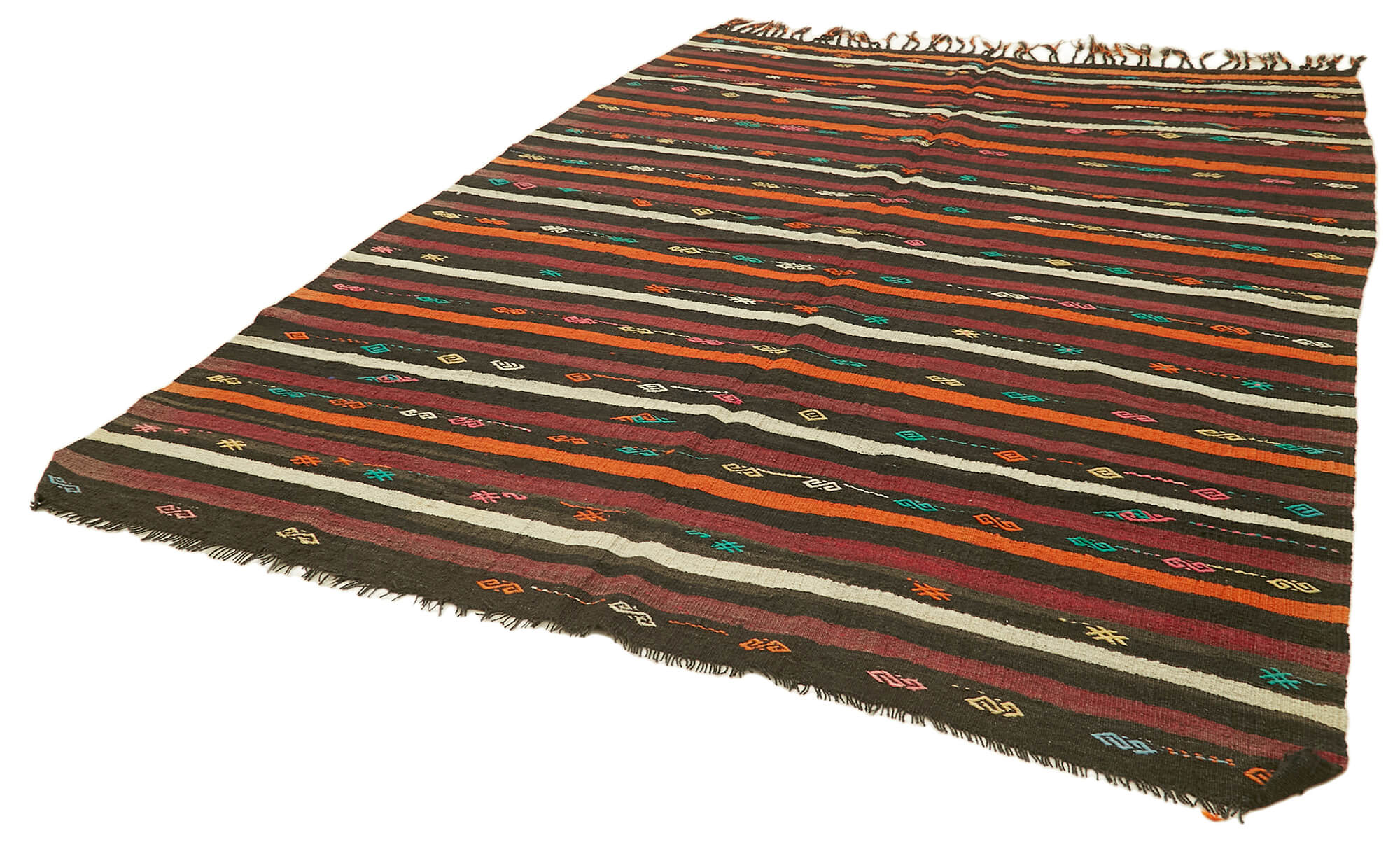 Handmade Kilim Rug - Brown Striped Area Rug with Goat Hair Carpet 7'5''x10'4''