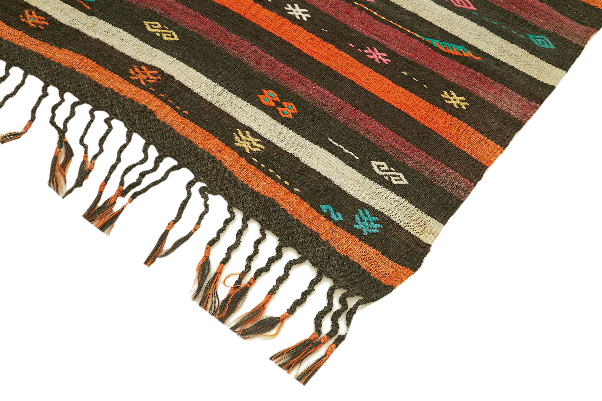 Handmade Kilim Rug - Brown Striped Area Rug with Goat Hair Carpet 7'5''x10'4''