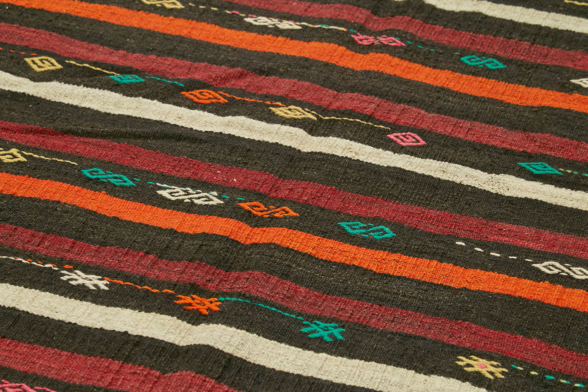 Handmade Kilim Rug - Brown Striped Area Rug with Goat Hair Carpet 7'5''x10'4''