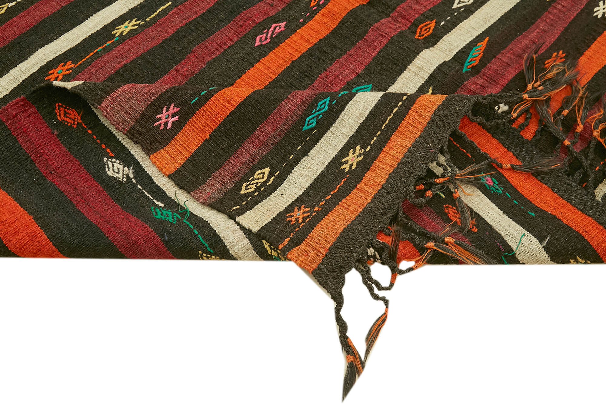 Handmade Kilim Rug - Brown Striped Area Rug with Goat Hair Carpet 7'5''x10'4''