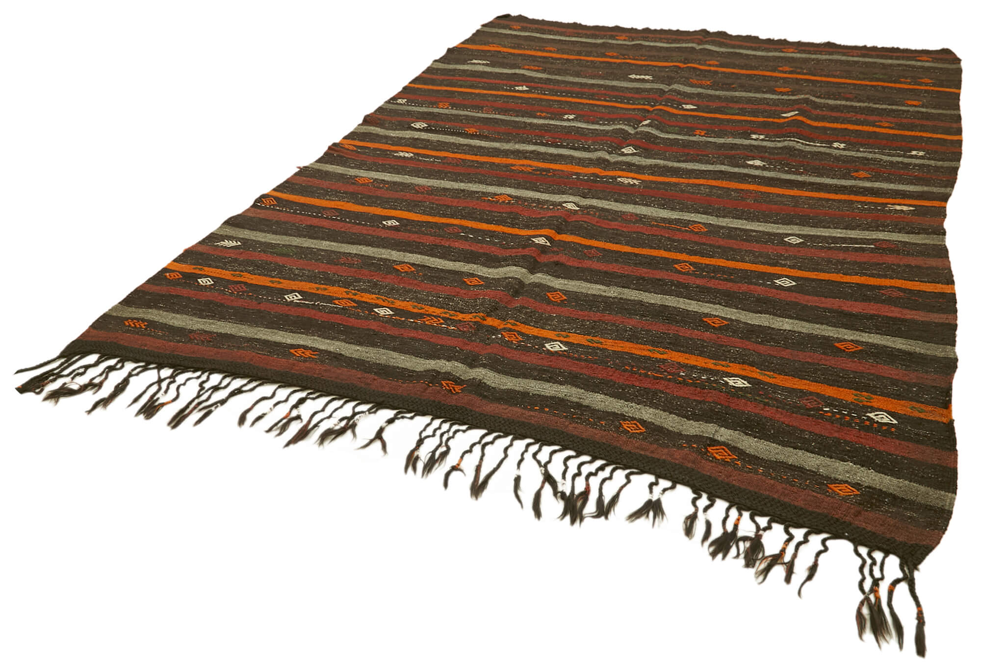 Handmade Striped Kilim Rug – Brown Goat Hair Vintage Area Rug 7'0''x10'1''