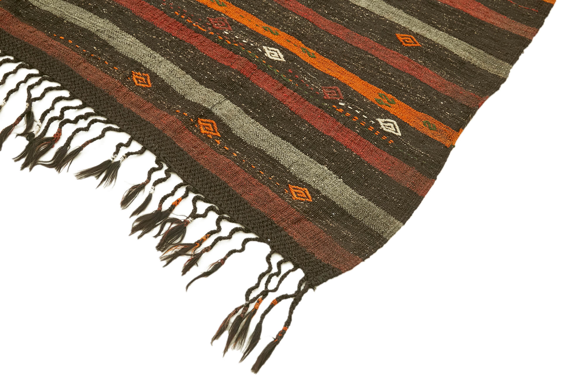 Handmade Striped Kilim Rug – Brown Goat Hair Vintage Area Rug 7'0''x10'1''