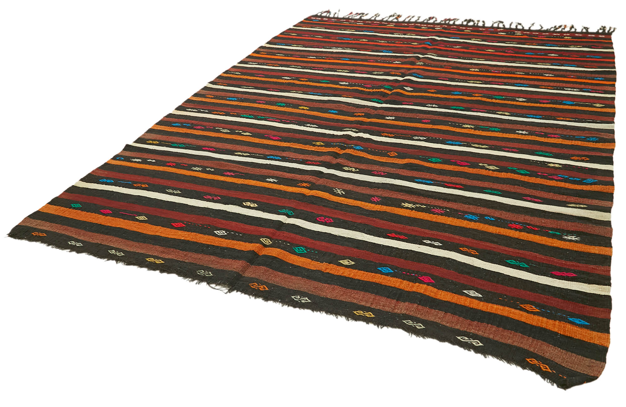 Handmade Kilim Rug - Striped Area Rug With Brown Goat Hair | Vintage Turkish Wool Cotton