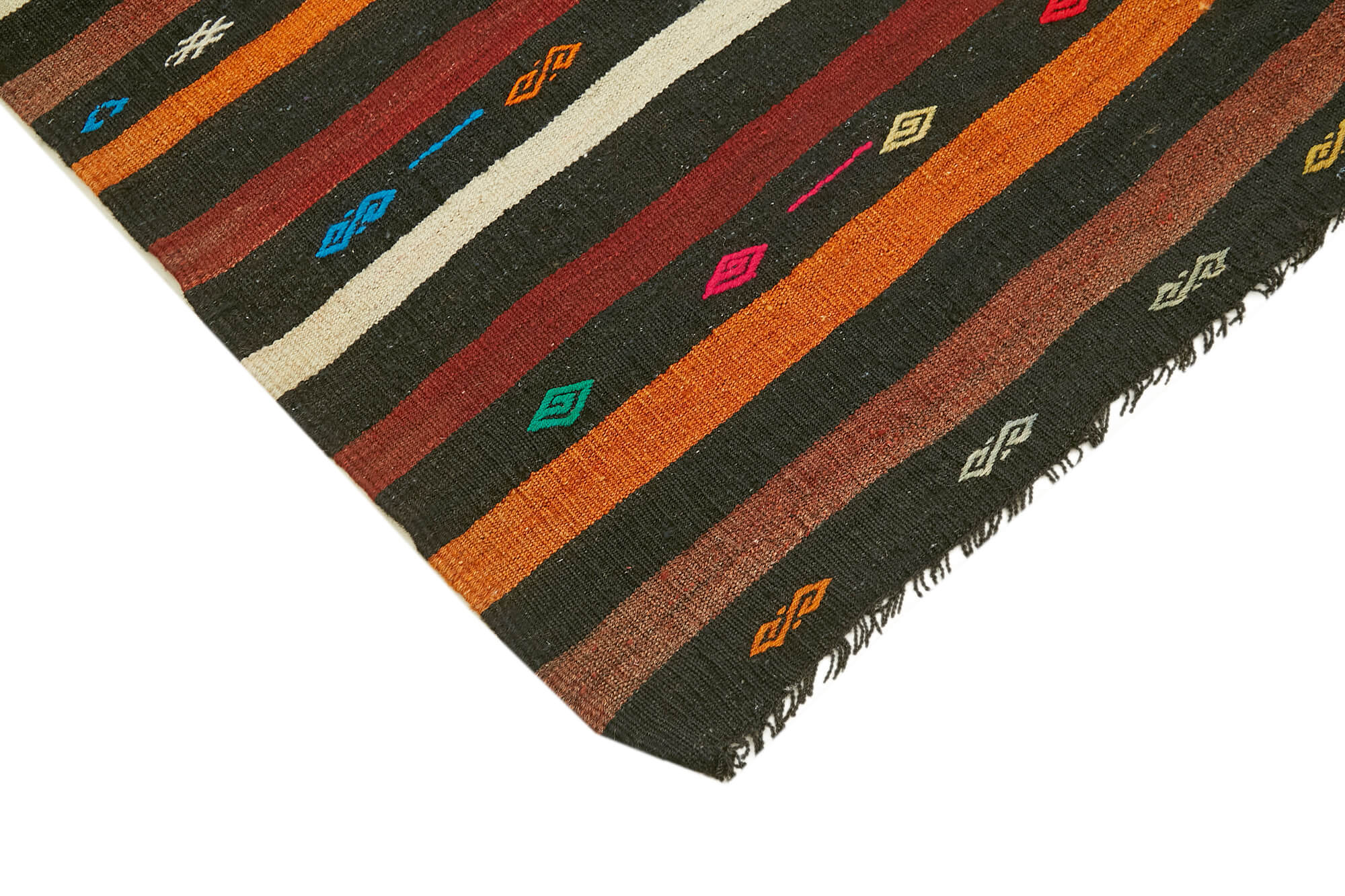 Handmade Kilim Rug - Striped Area Rug With Brown Goat Hair | Vintage Turkish Wool Cotton
