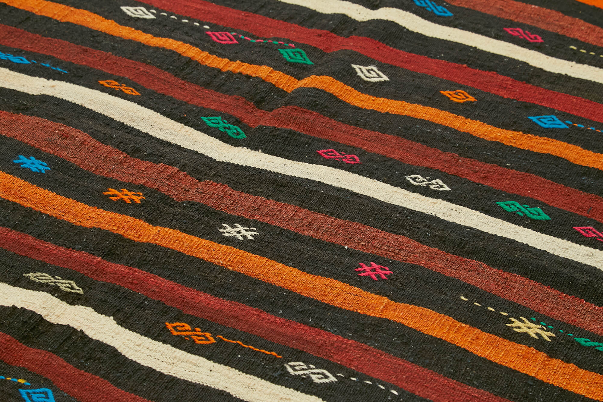 Handmade Kilim Rug - Striped Area Rug With Brown Goat Hair | Vintage Turkish Wool Cotton