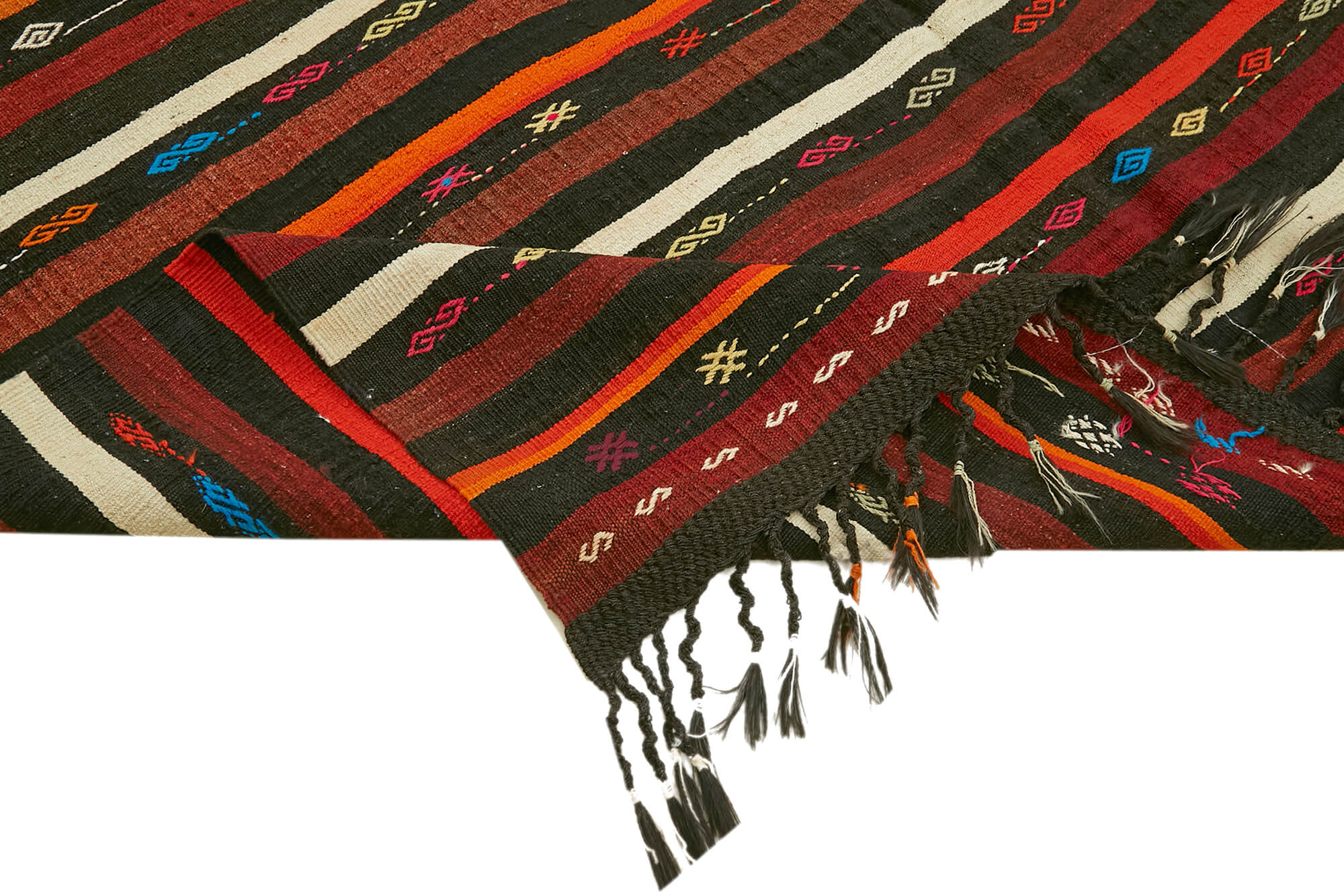 Handmade Kilim Rug - Striped Area Rug With Brown Goat Hair | Vintage Turkish Wool Cotton
