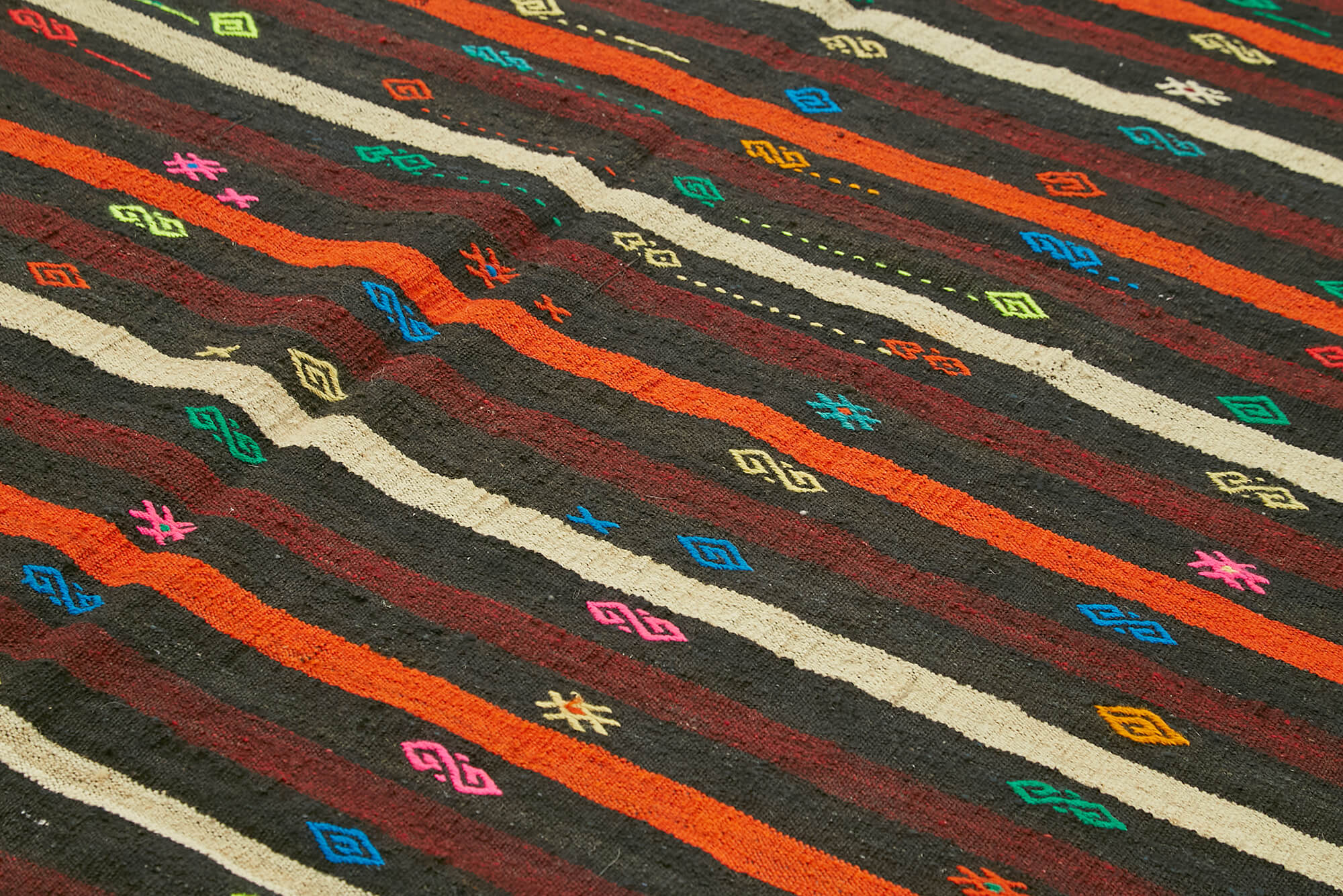 Handmade Kilim Rug - Brown Striped Area Rug With Goat Hair Carpet & Durable Cotton Base