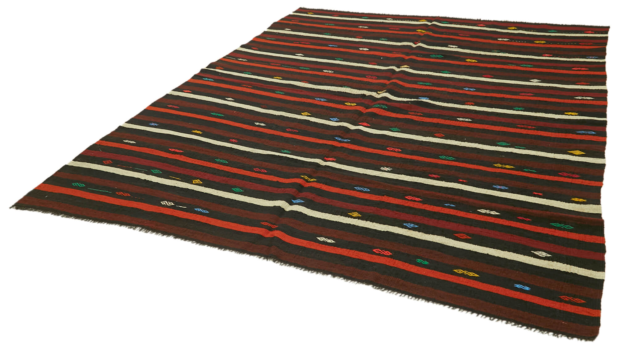Handmade Striped Kilim Rug - Brown Goat Hair Carpet 7'3'' x 9'7'' | Vintage Area Rug