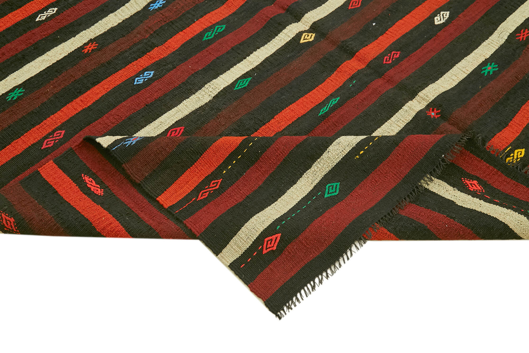 Handmade Striped Kilim Rug - Brown Goat Hair Carpet 7'3'' x 9'7'' | Vintage Area Rug