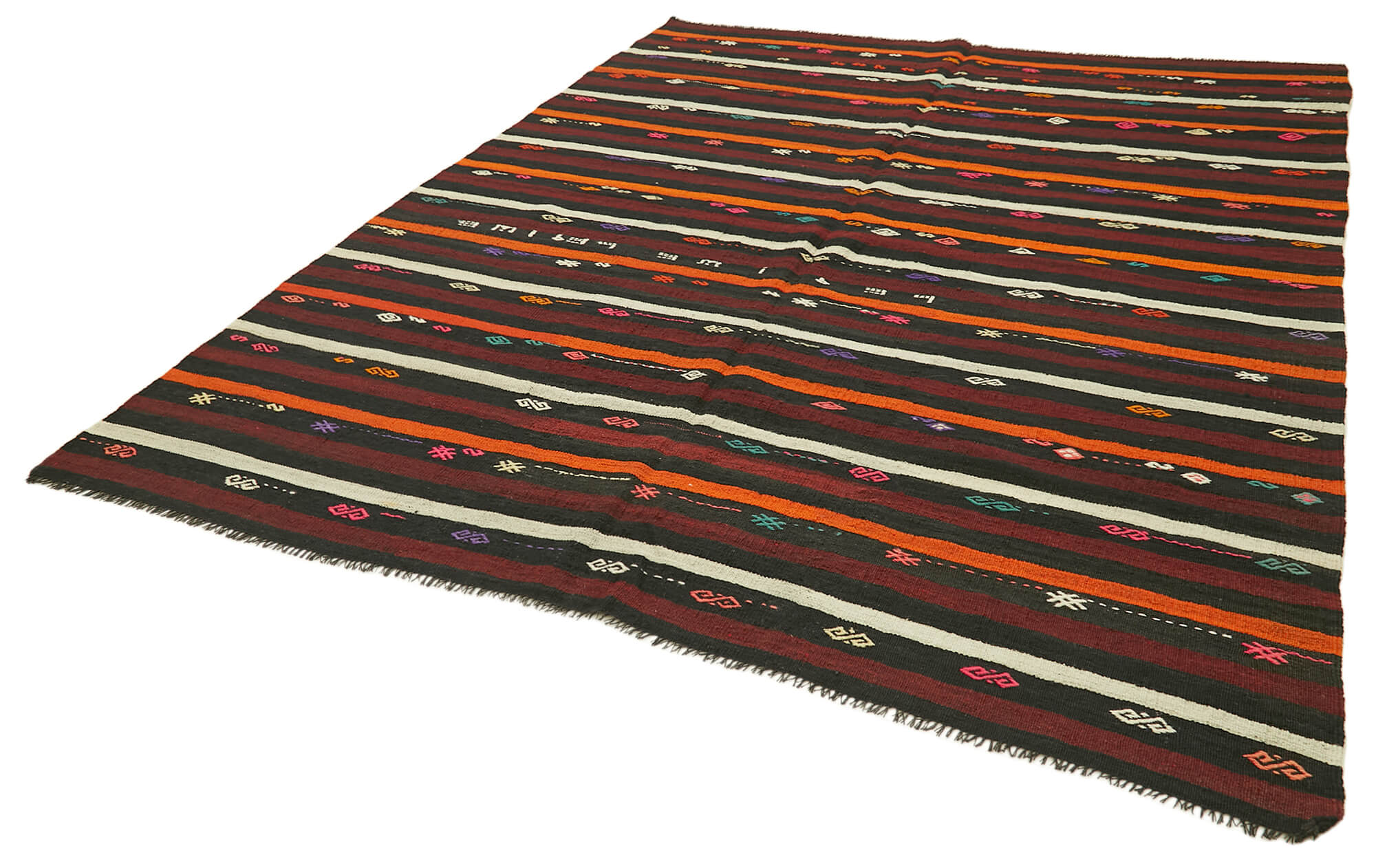 Handmade Kilim Rug - Striped Area Rug With Goat Hair & Brown Wool | Artisan Crafted Carpet 7'5''x9'6''