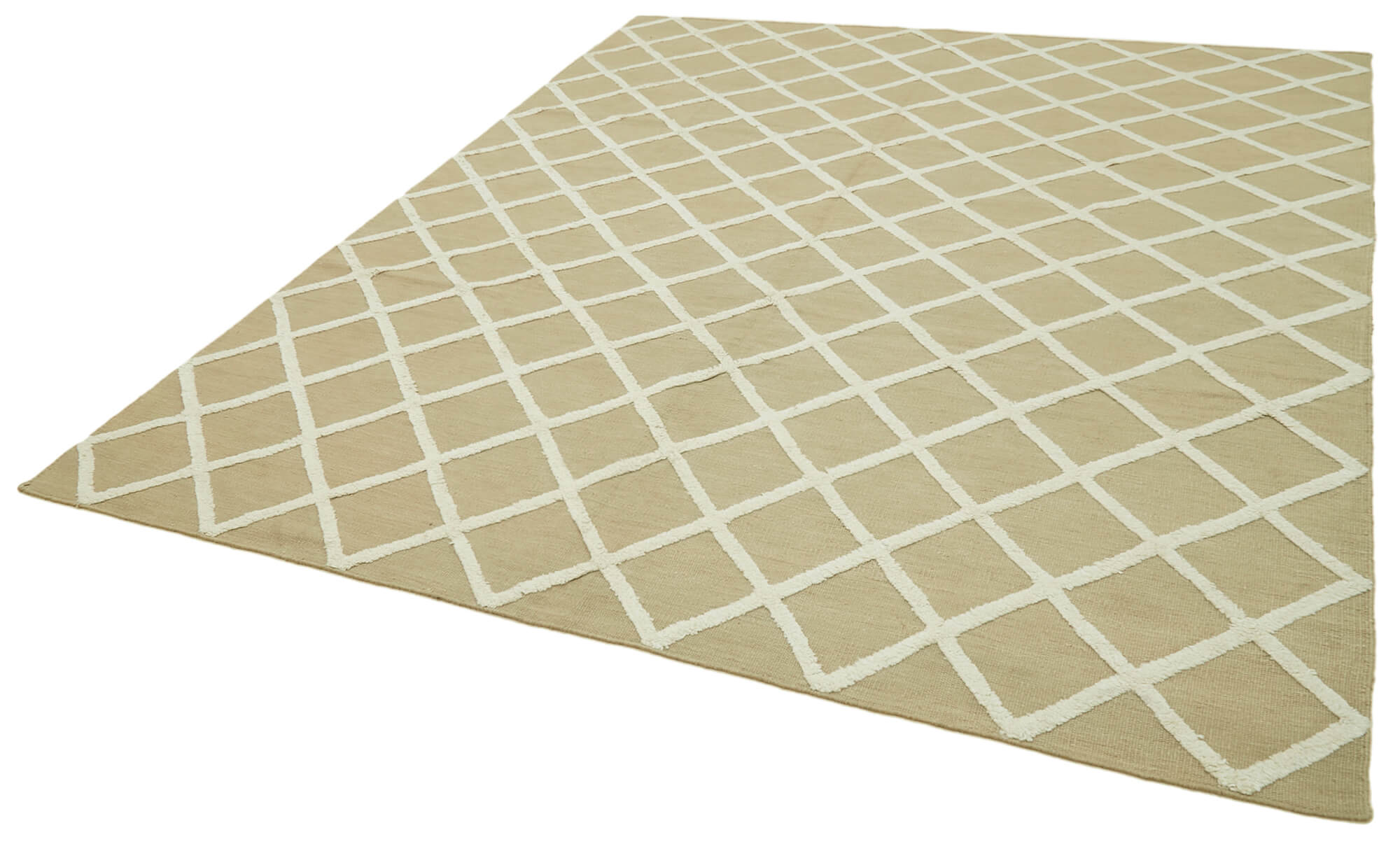 Handmade Wool Cotton Rug – Beige Geometric Area Rug | Durable Vintage Wool Carpet 8'x10'
