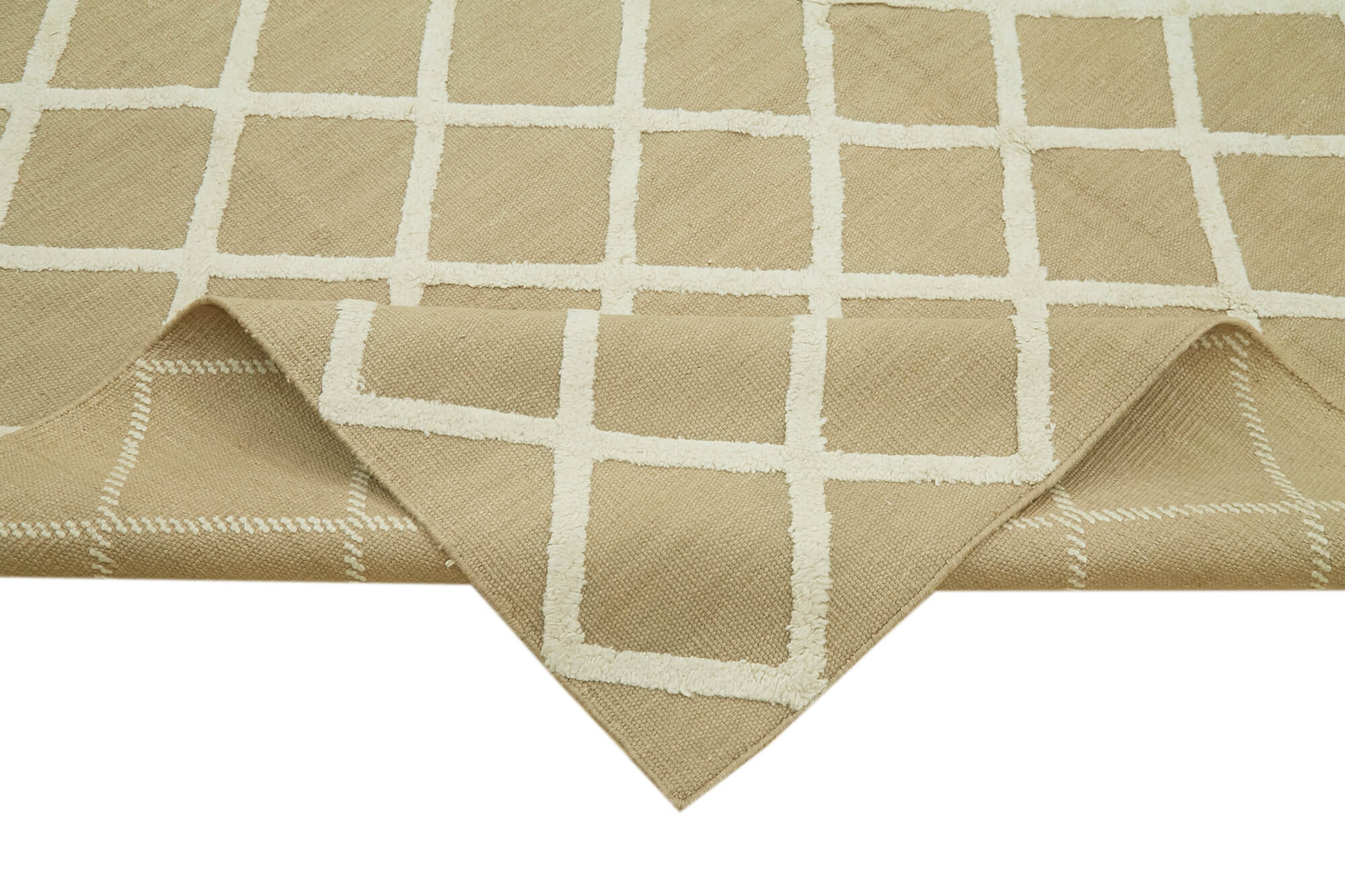 Handmade Wool Cotton Rug – Beige Geometric Area Rug | Durable Vintage Wool Carpet 8'x10'