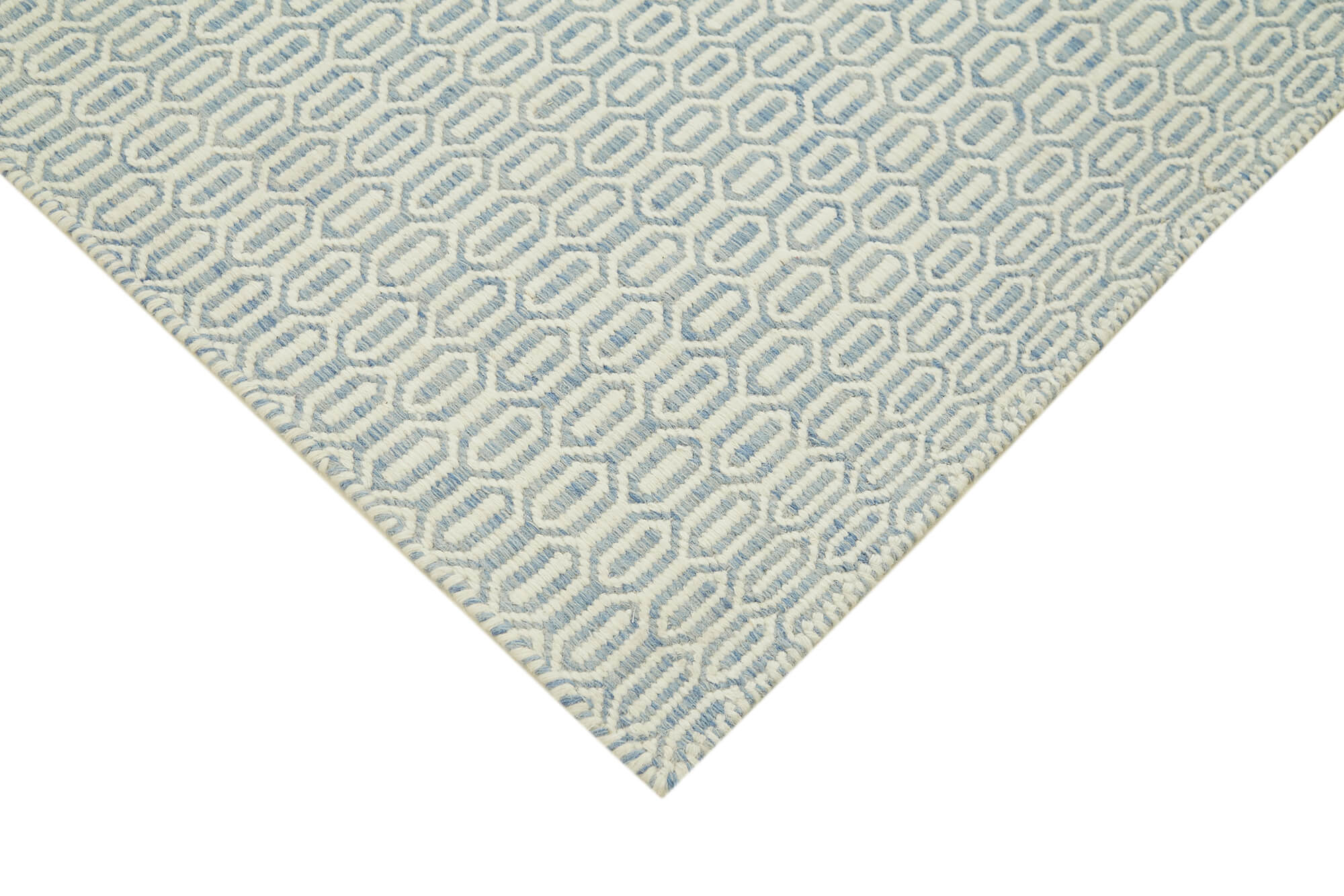 Handmade Wool Cotton Rug - Blue Geometric Area Rug 8'x10' Artisan Crafted Carpet