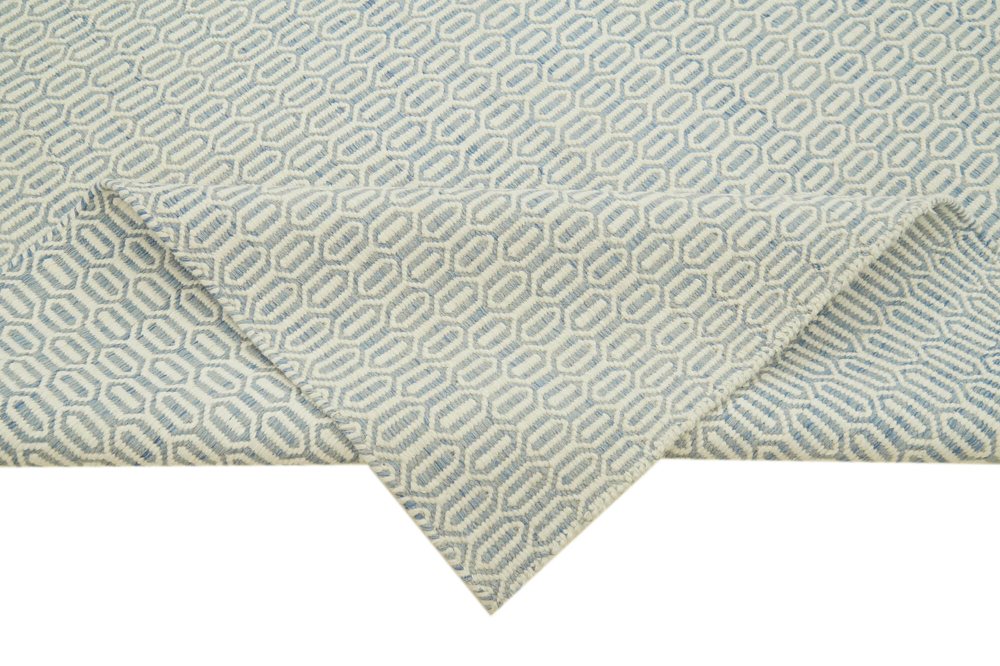 Handmade Wool Cotton Rug - Blue Geometric Area Rug 8'x10' Artisan Crafted Carpet