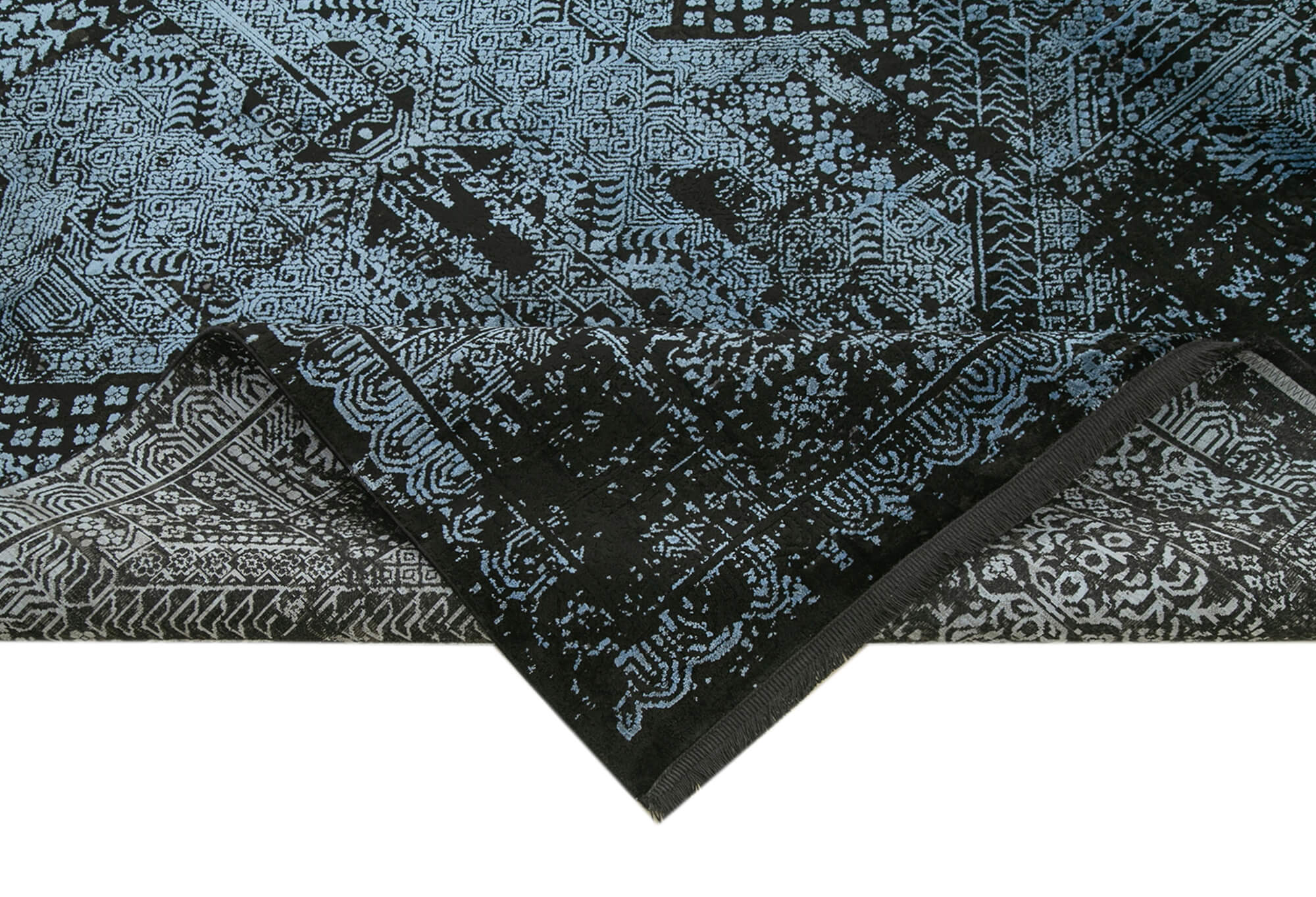 Vintage Handmade Rug - Black Viscose Carpet 7x10 Foot Hand Woven Rug