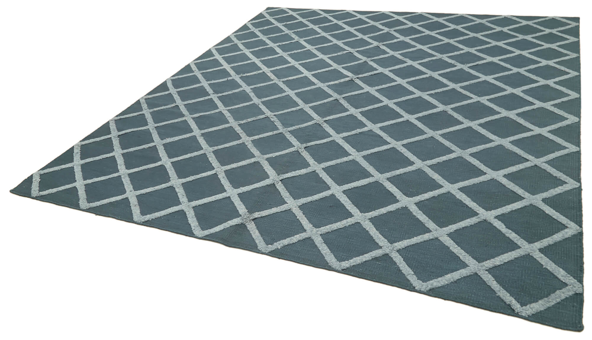 Handmade Wool Cotton Rug – Blue Geometric Area Rug, Soft Wool Carpet, Durable Cotton