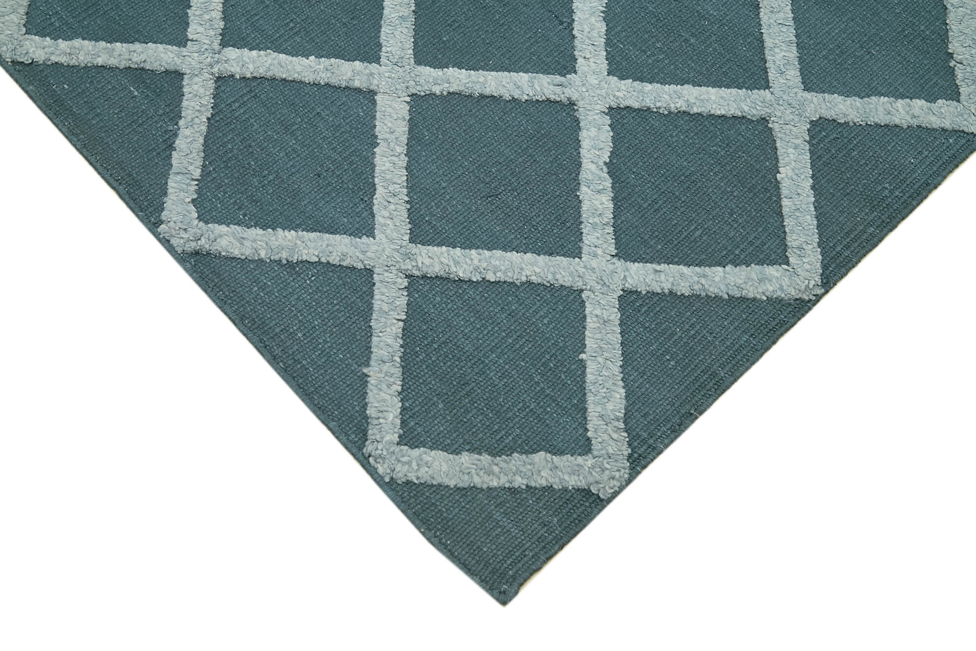 Handmade Wool Cotton Rug – Blue Geometric Area Rug, Soft Wool Carpet, Durable Cotton