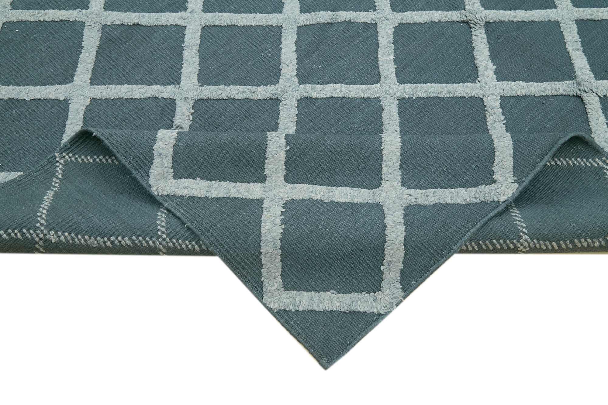 Handmade Wool Cotton Rug – Blue Geometric Area Rug, Soft Wool Carpet, Durable Cotton