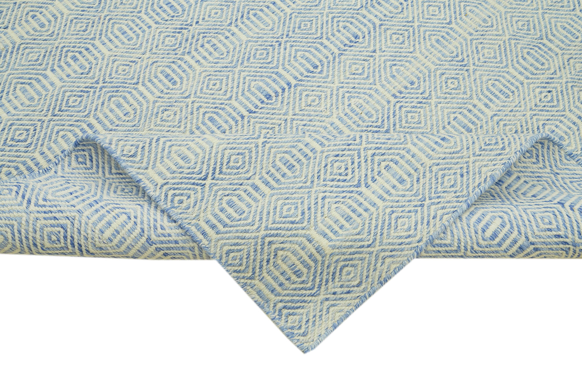 Handmade Wool Cotton Rug – Blue Geometric Area Rug | Durable Cotton Carpet 8'x10'