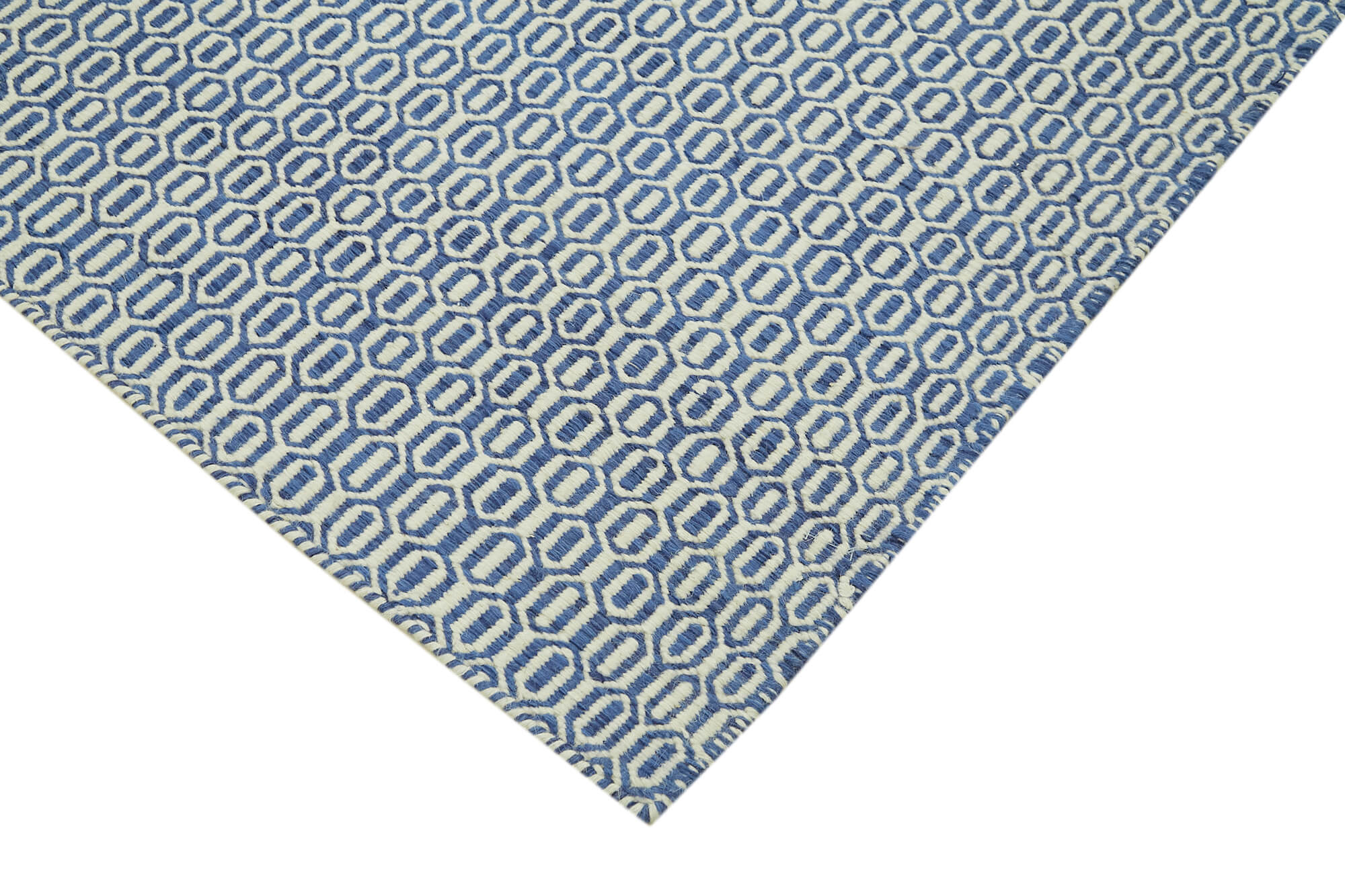 Handmade Wool Cotton Rug – Blue Geometric Area Rug | Durable Soft Natural Fiber Carpet