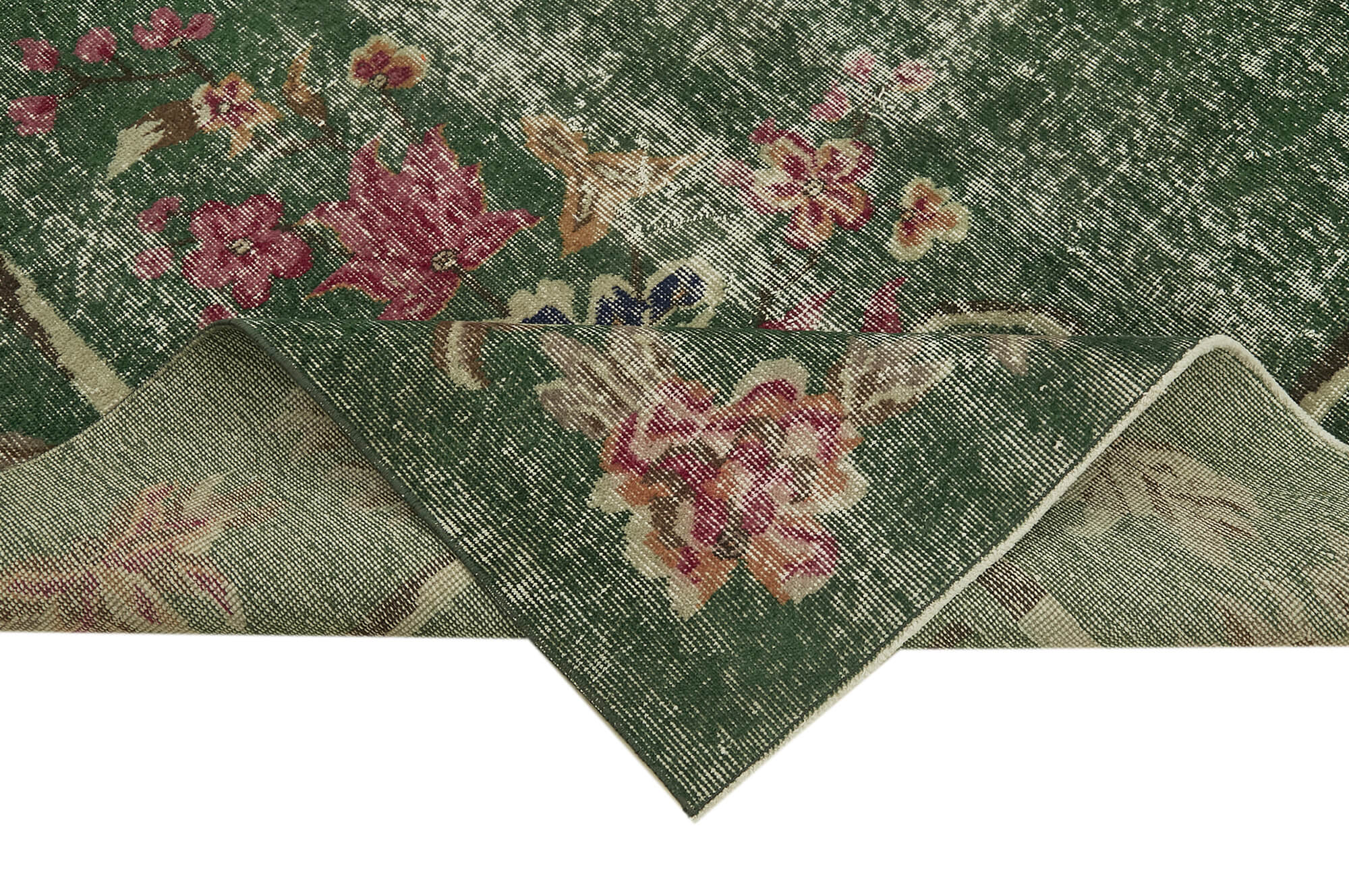 Handmade Vintage Area Rug – Overdyed Vintage Green Cotton Wool Blend 6'9''x10'6''