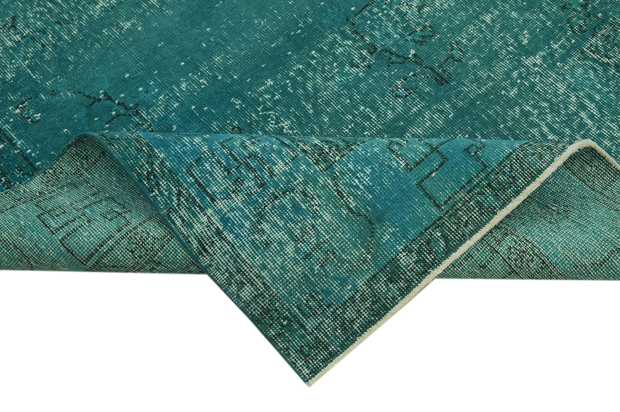 Vintage Area Rug - Hand Woven Overdyed Turquoise Wool Cotton Rug 7'1"x10'2"