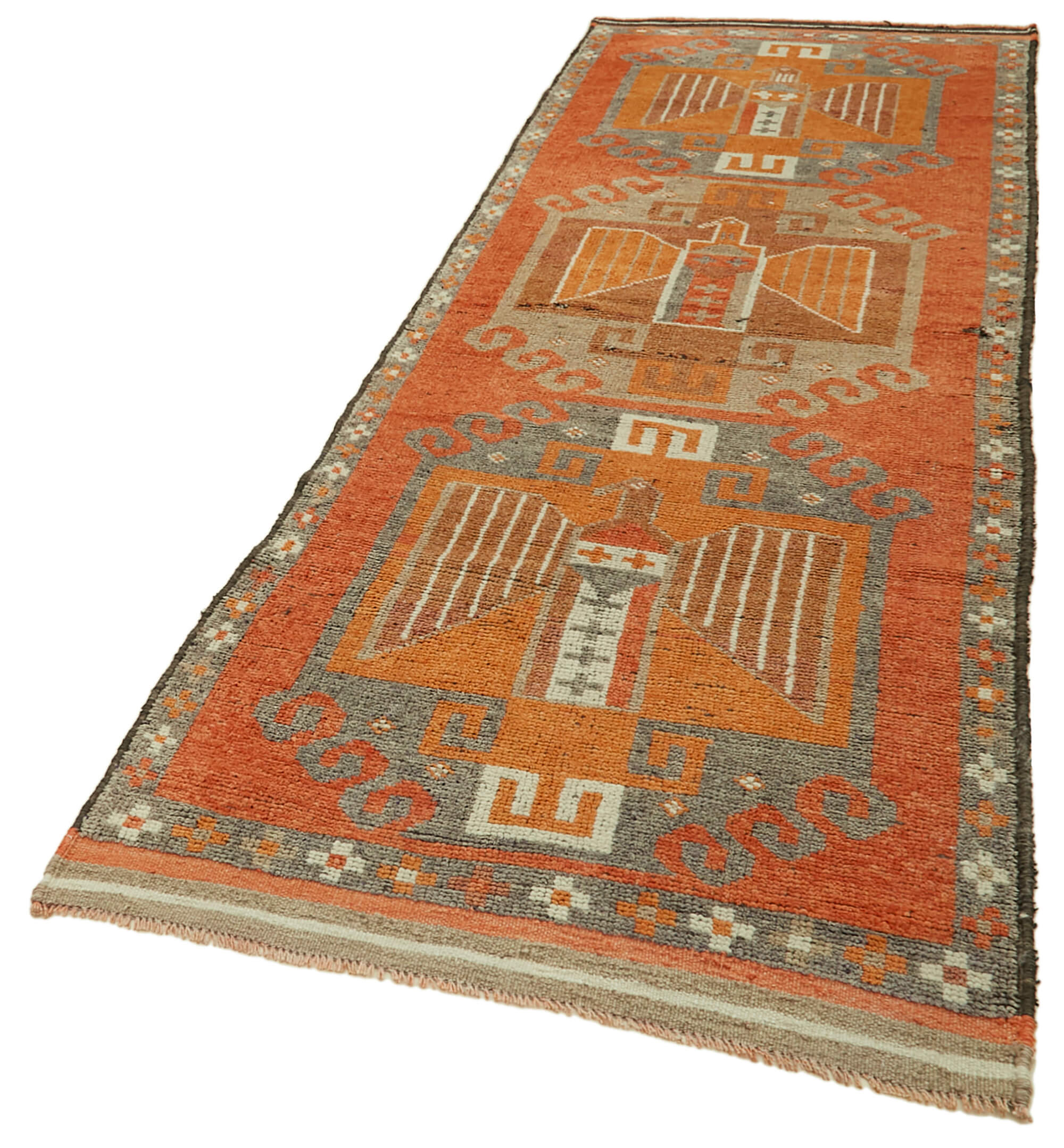 Handmade Vintage Area Rug – Herki Style Orange Cotton Wool Blend Carpet 3'7" x 11'5"
