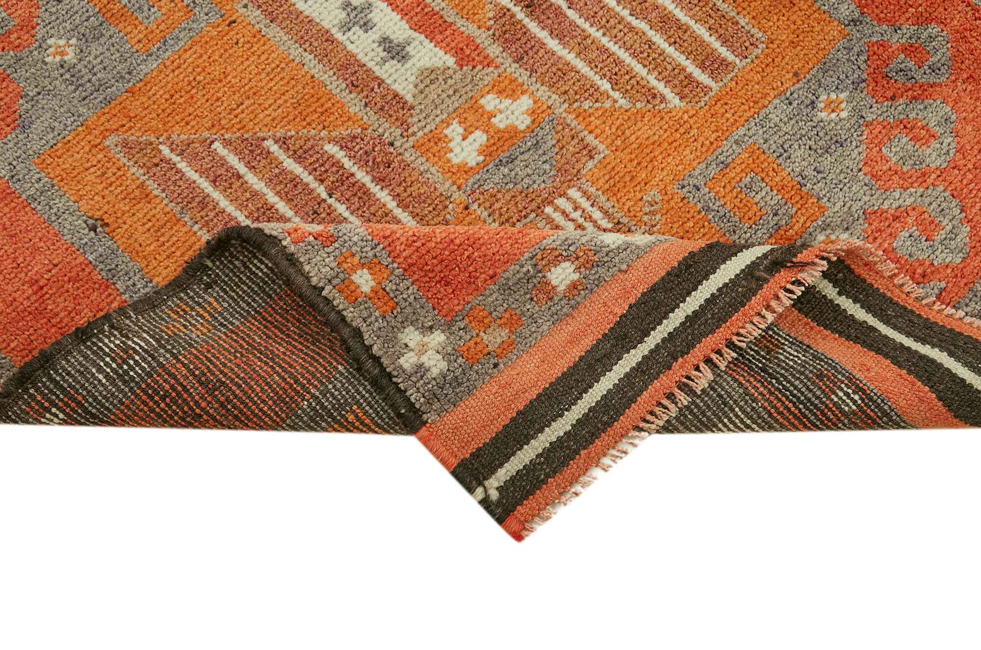 Handmade Vintage Area Rug – Herki Style Orange Cotton Wool Blend Carpet 3'7" x 11'5"