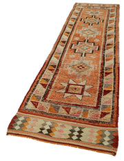 Handmade Vintage Area Rug – Orange Herki Wool And Cotton Blend 2'9''x12'9''