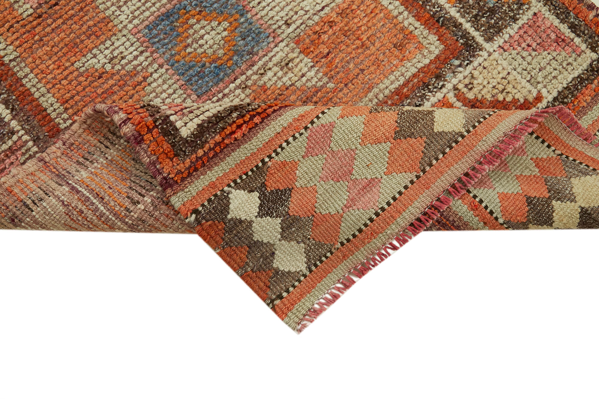 Handmade Vintage Area Rug – Orange Herki Wool And Cotton Blend 2'9''x12'9''