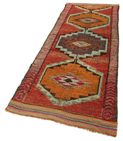 Handmade Vintage Area Rug – Orange Herki Turkish Cotton Wool Carpet 3'2''x10'3''