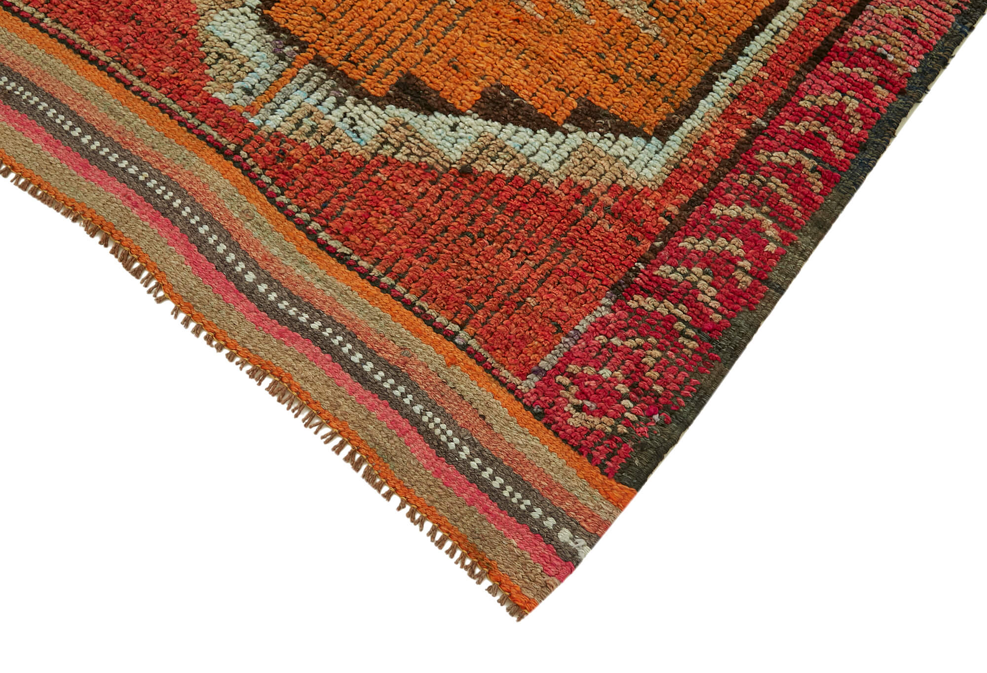 Handmade Vintage Area Rug – Orange Herki Turkish Cotton Wool Carpet 3'2''x10'3''