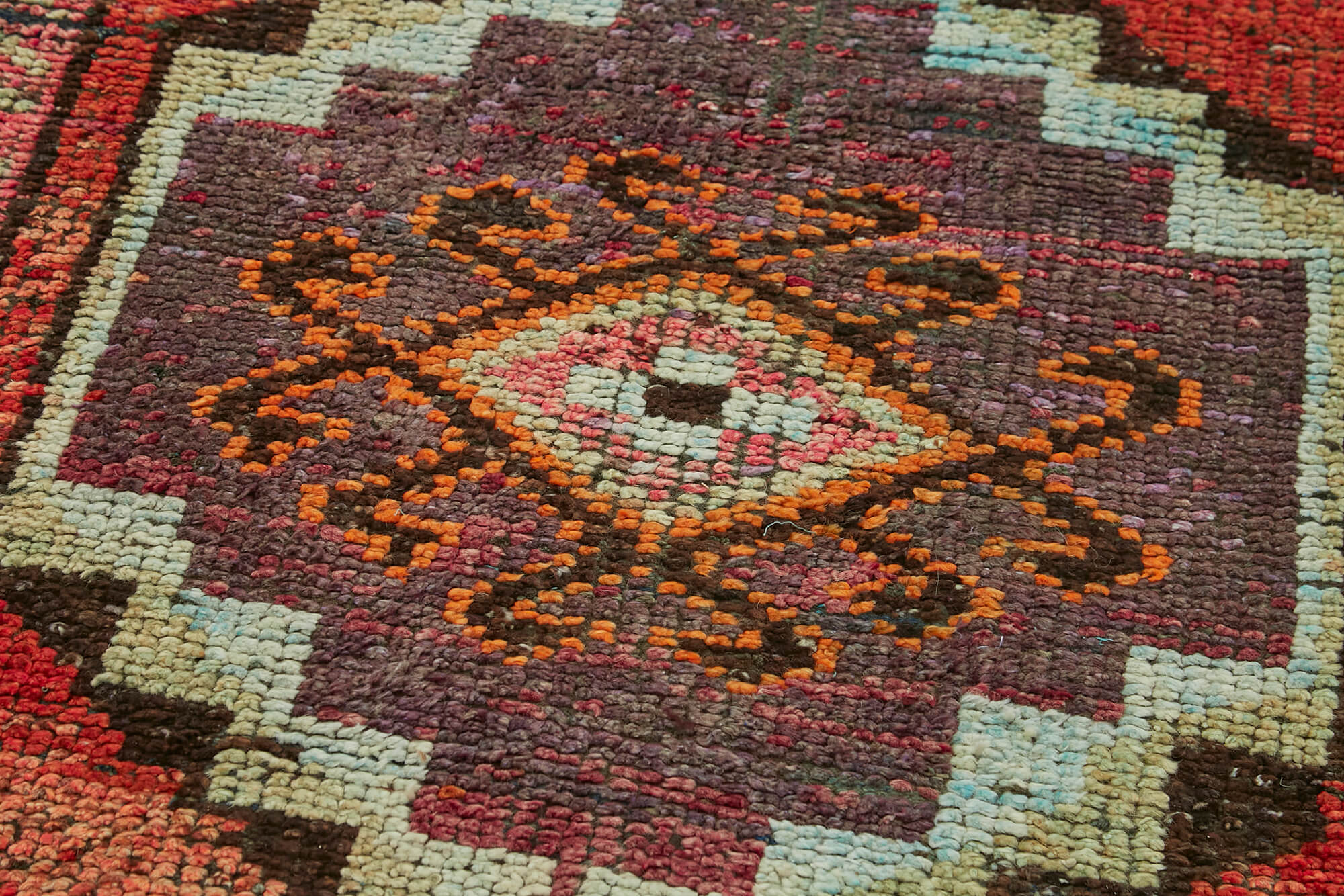 Handmade Vintage Area Rug – Orange Herki Turkish Cotton Wool Carpet 3'2''x10'3''