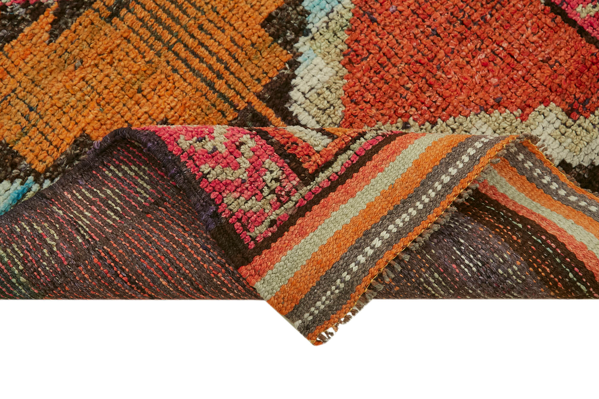 Handmade Vintage Area Rug – Orange Herki Turkish Cotton Wool Carpet 3'2''x10'3''