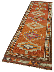 Handmade Vintage Area Rug – Orange Wool Cotton Blend, Traditional Hand Knotted Carpet 3'1''x11'6''