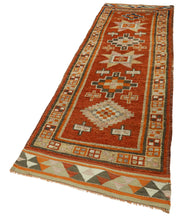Vintage Handmade Area Rug – Orange Cotton Wool Rug, Hand Woven Turkish Wool Carpet 3'2''x12'6''