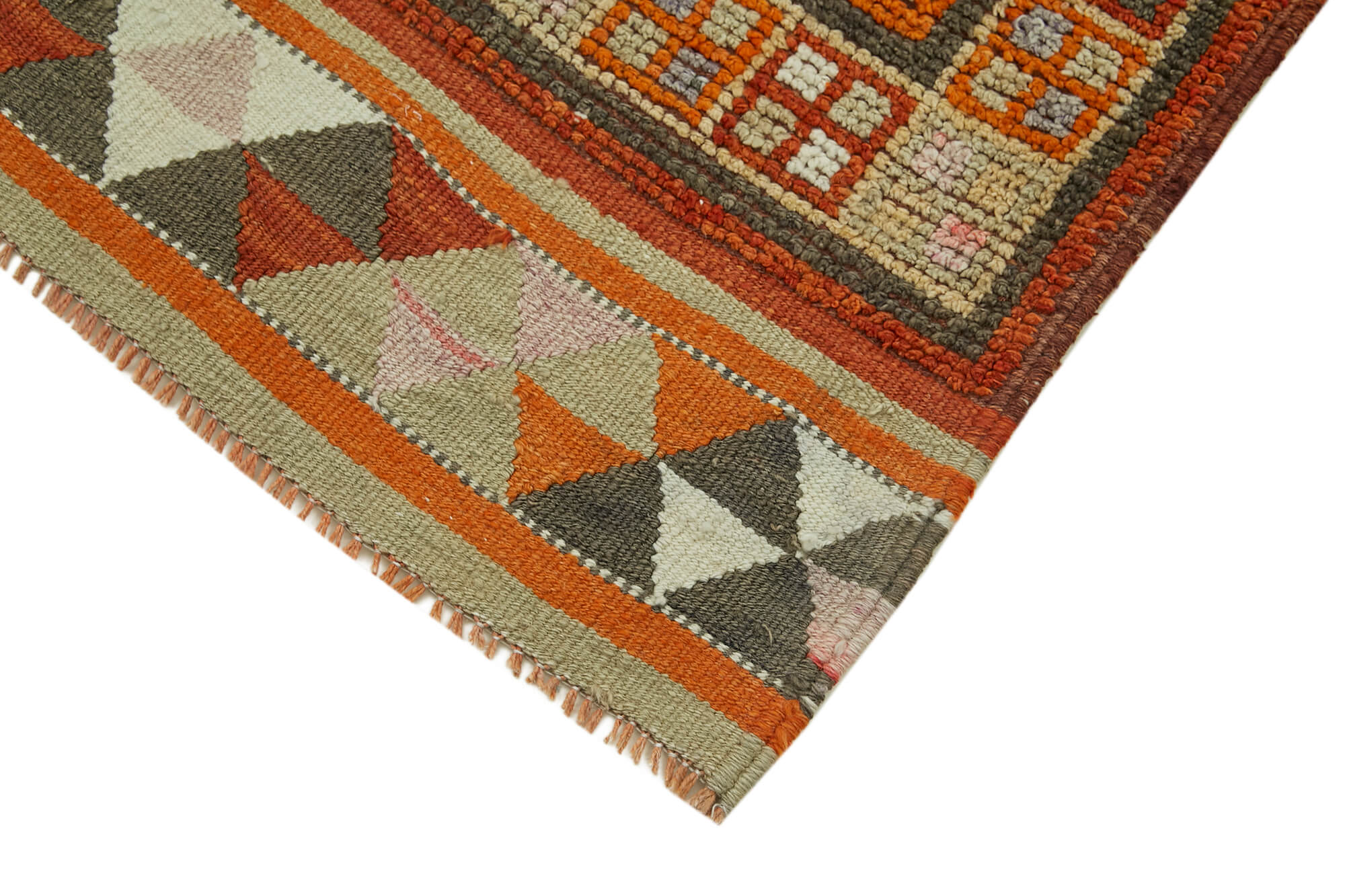 Vintage Handmade Area Rug – Orange Cotton Wool Rug, Hand Woven Turkish Wool Carpet 3'2''x12'6''
