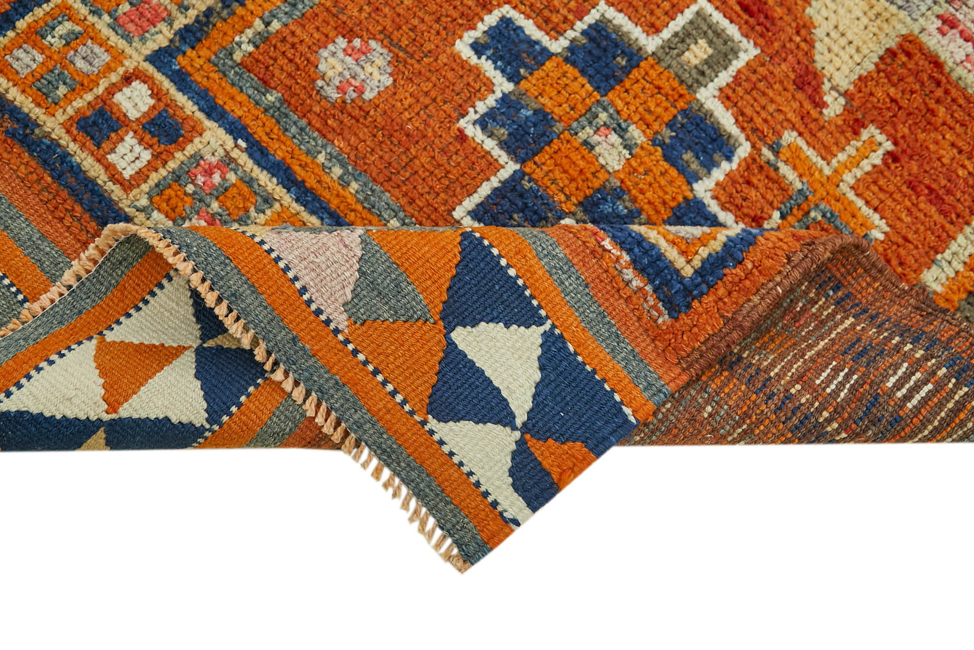Vintage Handmade Area Rug – Orange Cotton Wool Rug, Hand Woven Turkish Wool Carpet 3'2''x12'6''