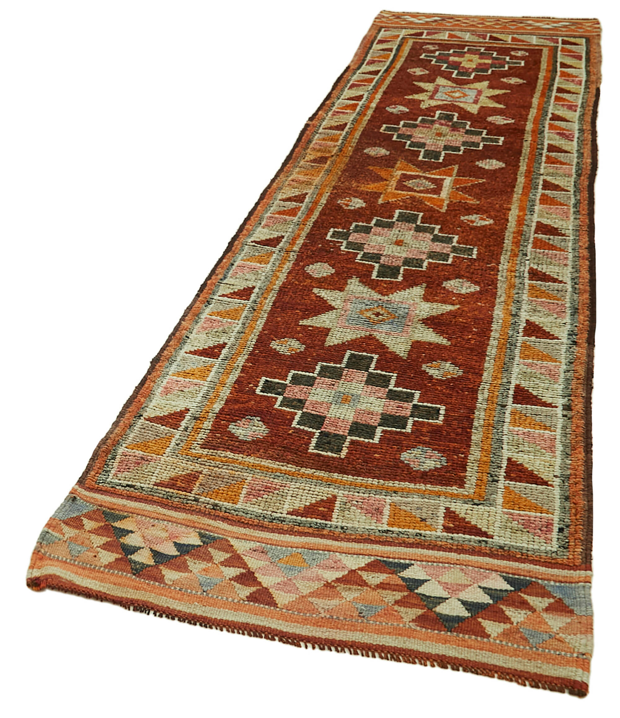Handmade Wool Area Rug - Vintage Cotton Rug Turkish Hand Knotted Carpet 3'1''x13'1''