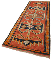 Handmade Vintage Area Rug - Orange Cotton Wool Rug, Turkish Hand Knotted Carpet 3'5''x12'1''
