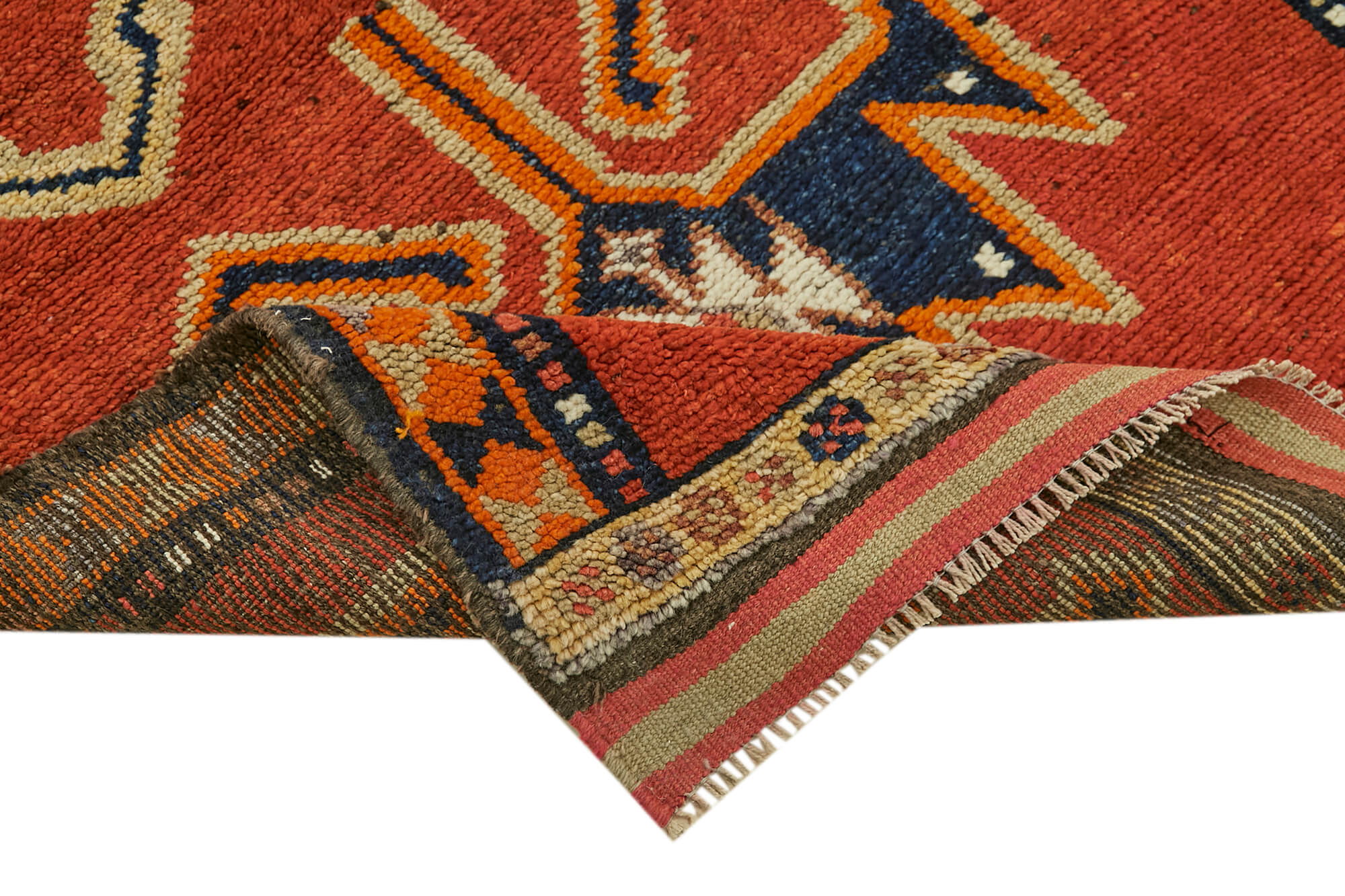 Handmade Vintage Area Rug - Orange Cotton Wool Rug, Turkish Hand Knotted Carpet 3'5''x12'1''