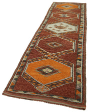 Handmade Vintage Area Rug – Red Herki Carpet, Turkish Wool & Cotton, 2'11''x12'10''