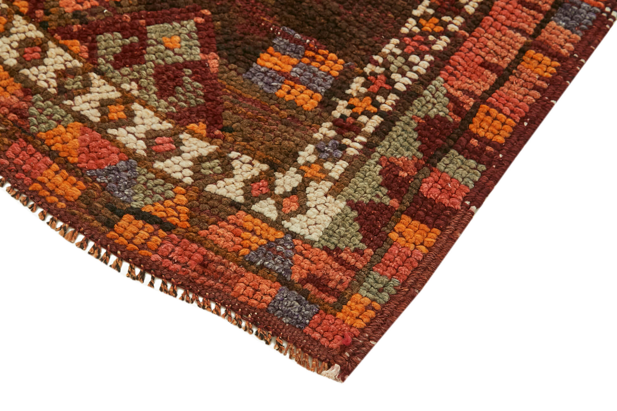 Handmade Vintage Area Rug - Red Wool Herki Pattern Cotton Wool Blend Carpet 2'10''x13'