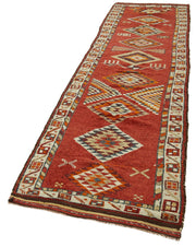 Handmade Vintage Area Rug – Red Vintage Rug 3'0'' x 12'5'' Hand Knotted Wool Cotton
