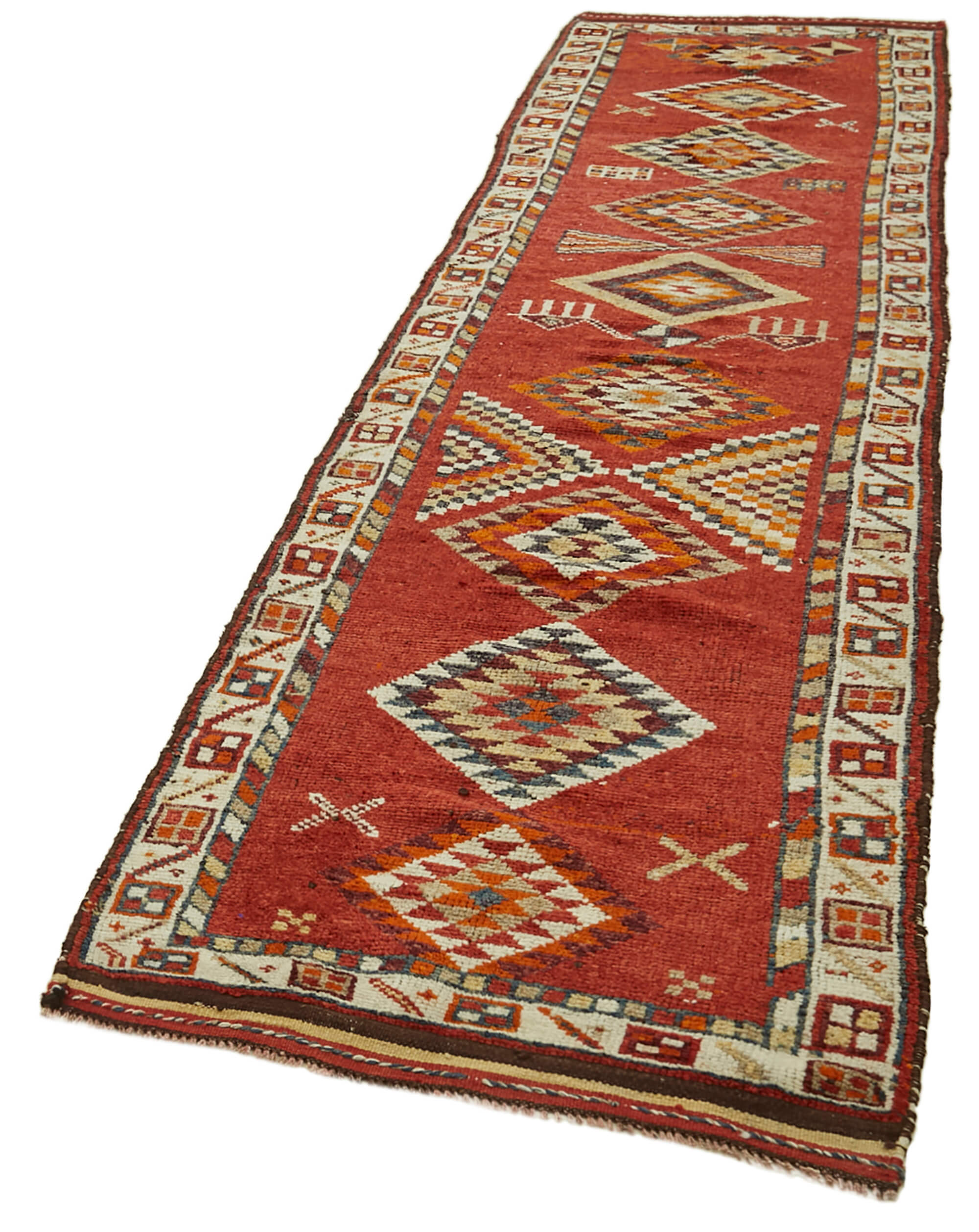Handmade Vintage Area Rug – Red Vintage Rug 3'0'' x 12'5'' Hand Knotted Wool Cotton