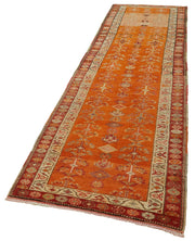 Vintage Handmade Area Rug | Turkish Vintage Carpet, Wool Cotton Blend, Orange Area Rug Runner