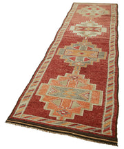 Handmade Vintage Area Rug – Red Herki Wool Cotton Blend Rug 2'11''x12'2''