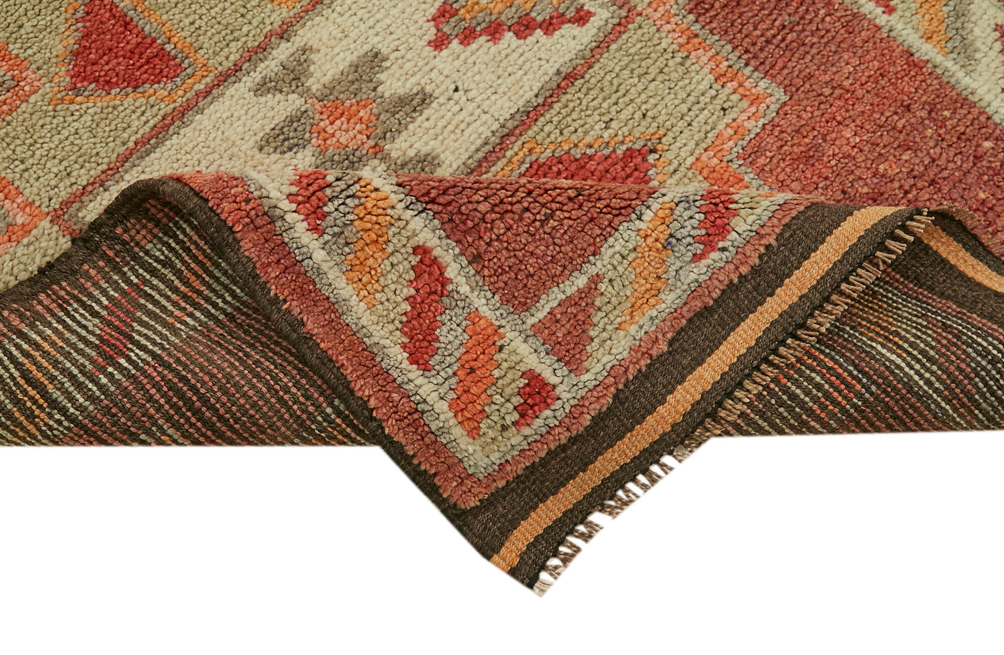 Handmade Vintage Area Rug – Red Herki Wool Cotton Blend Rug 2'11''x12'2''